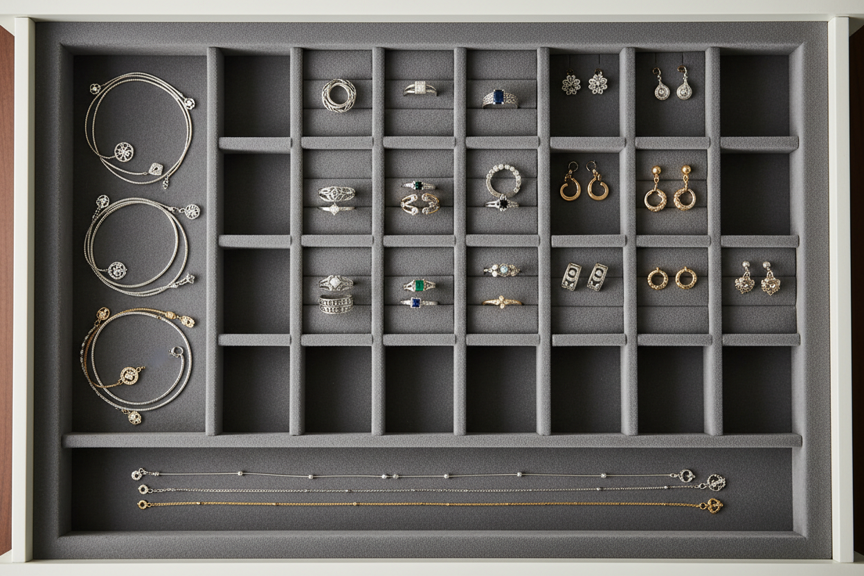 Well organised jewellery in a drawer