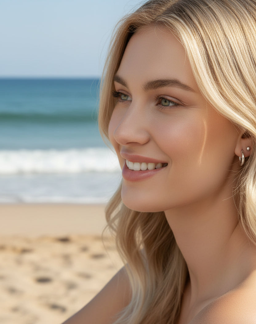 A close-up of a woman wearing a pair of silver huggie earrings,  and one smaller silver stud.