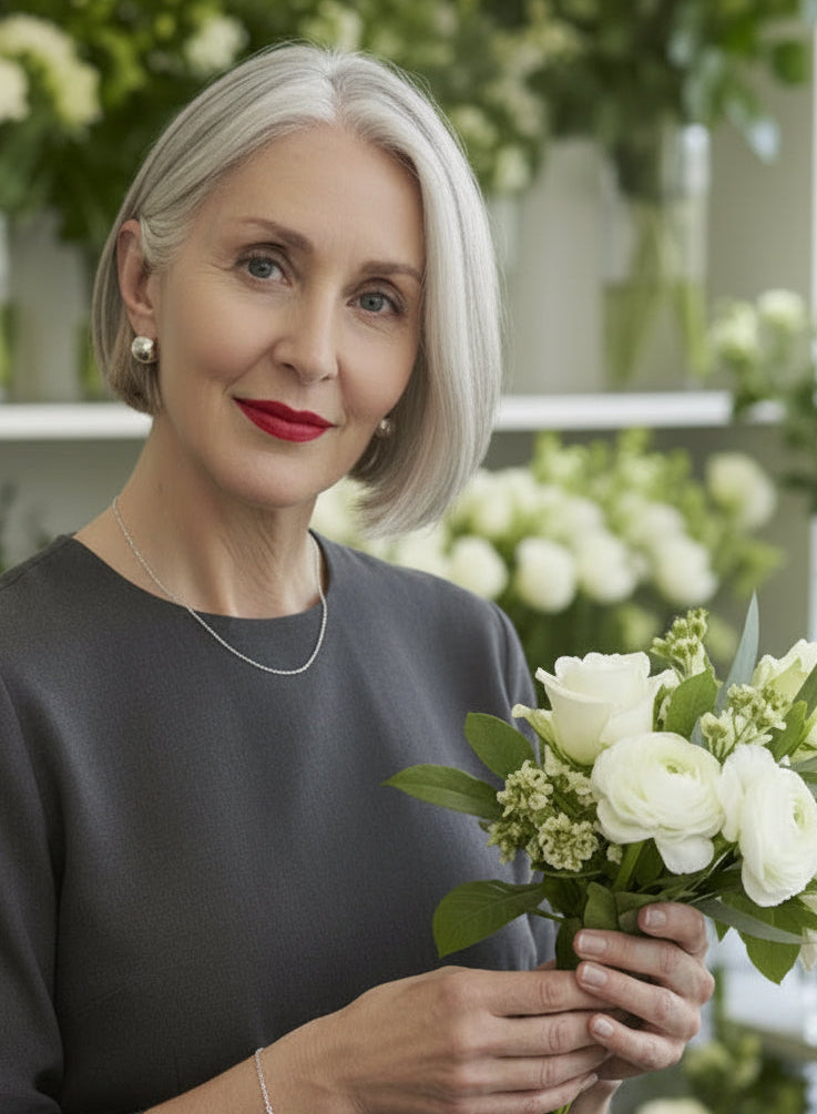 A woman with short gray hair, wearing chunky sterling silver huggie earrings, a dark gray top and holding a bouquet of white roses and green foliage, set against a softly blurred floral background.