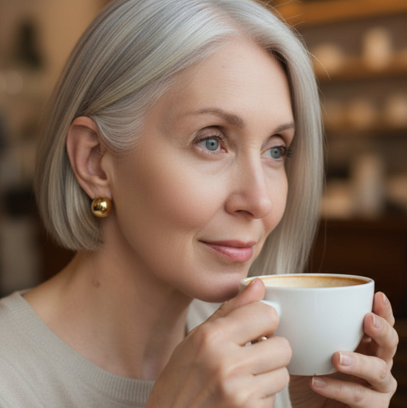 A close-up of a woman with short gray hair holding a white coffee cup, wearing a chunky gold-plated huggie earring in a warm, softly blurred indoor setting.