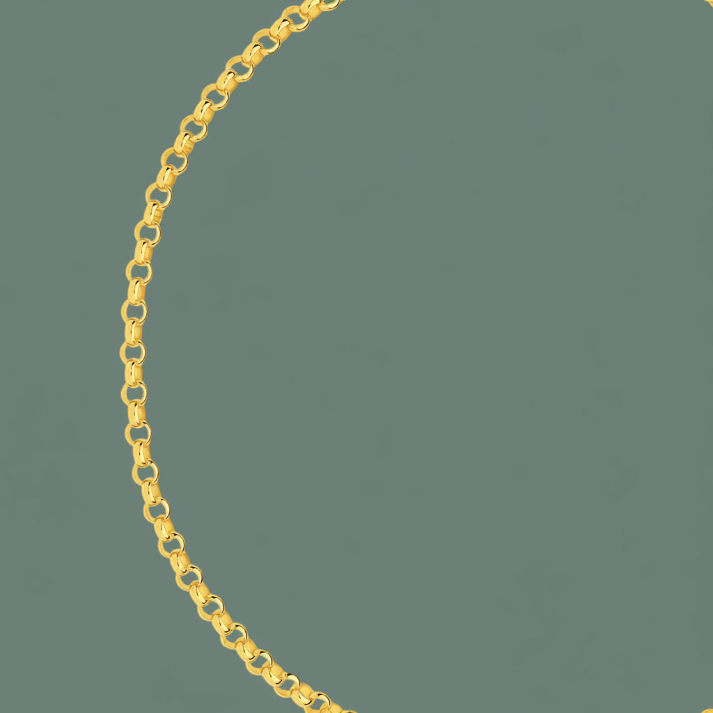 A close-up of a 9 ct gold belcher  chain necklace forming a large arc against a solid muted sage green background.