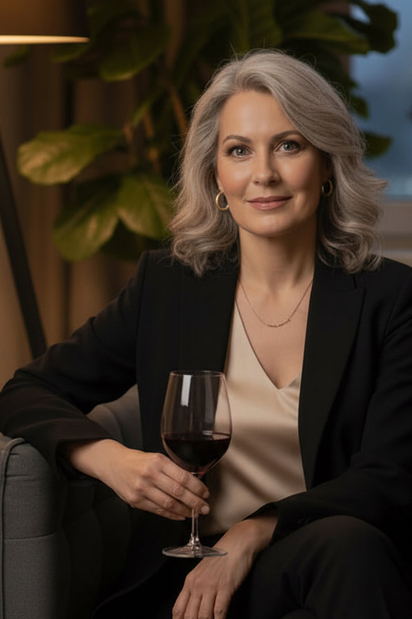 A woman with gray hair and gold hoop earrings sits on a dark gray sofa in a modern living room setting, wearing a black blazer and trousers over a beige top. A wooden coffee table with a notebook and wine glass is in the foreground.