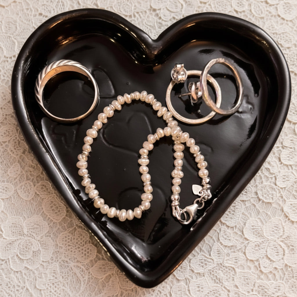 Heart-shaped black jewelry dish with rings and a bracelet on a lace background