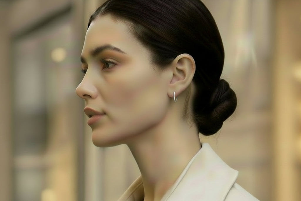 A closeup of a chic woman wearing meg huggies in a beige suit with a city street background