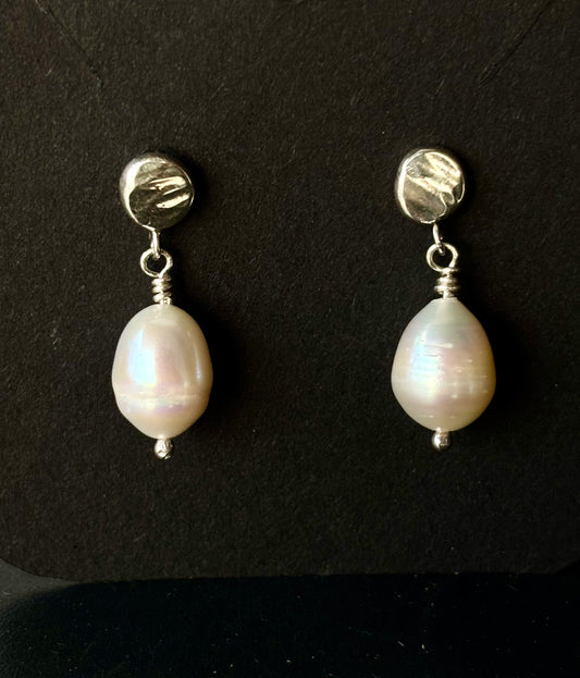 Silver nugget and pearl earrings