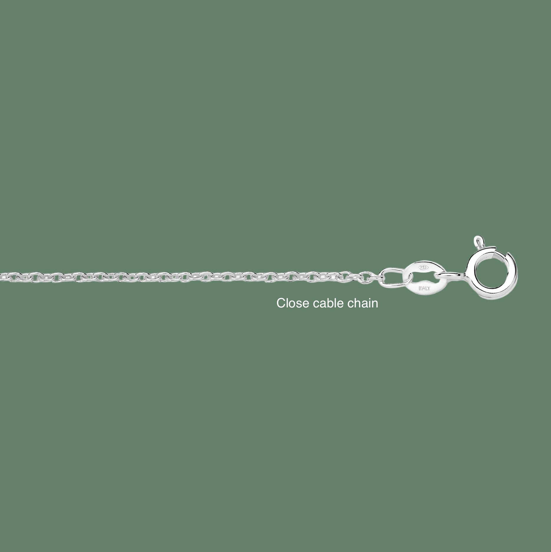 A close-up of a sterling silver close cable chain with a lobster clasp on a solid dark green background, with a text overlay reading 'Close cable chain'.